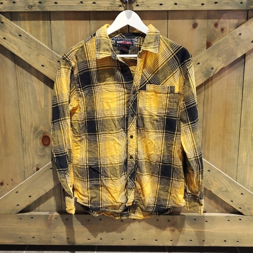 VTG TONY HAWK PLAID YELLOW BLACK LONG SLEEVE SHIRT SKATEBOARD GRIND
